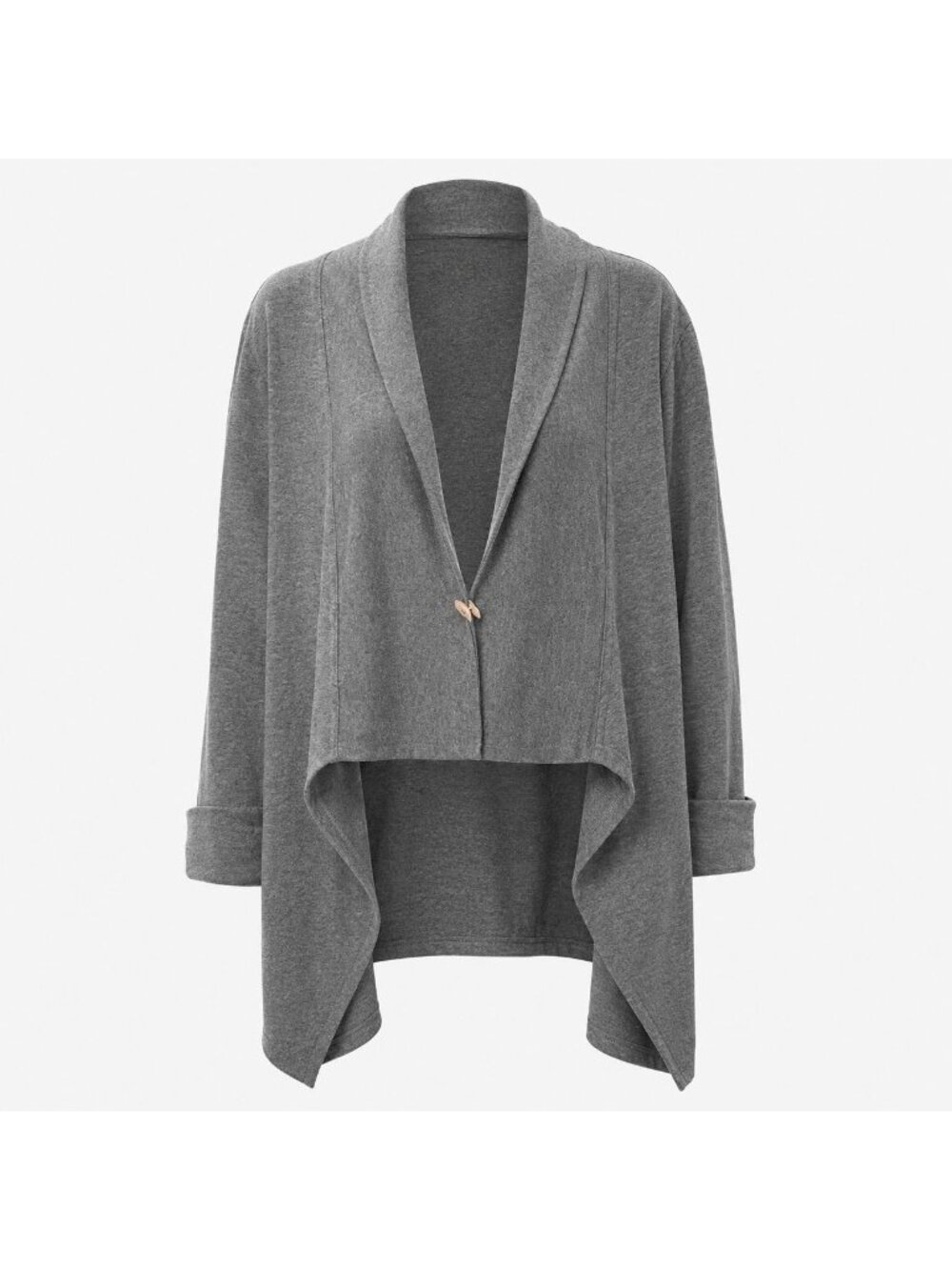 Loose Fit Gray Open Front Cardigan Shawl Collar Drape Cuff Sleeve Modal Blend